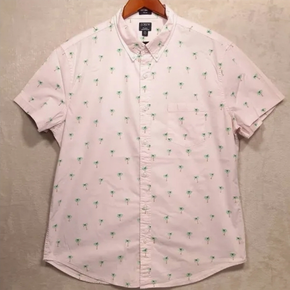 J.Crew re-imagined Men's Flex Washed Pink Palm Tree collared Print Shirt XL